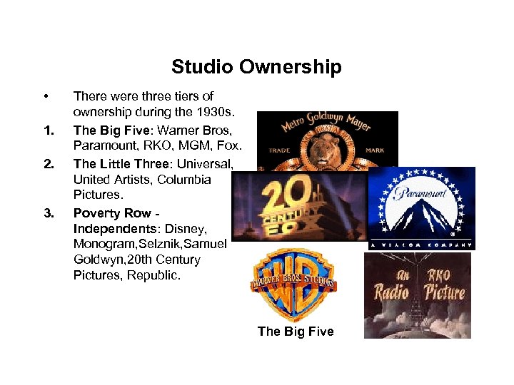 Studio Ownership • 1. 2. 3. There were three tiers of ownership during the