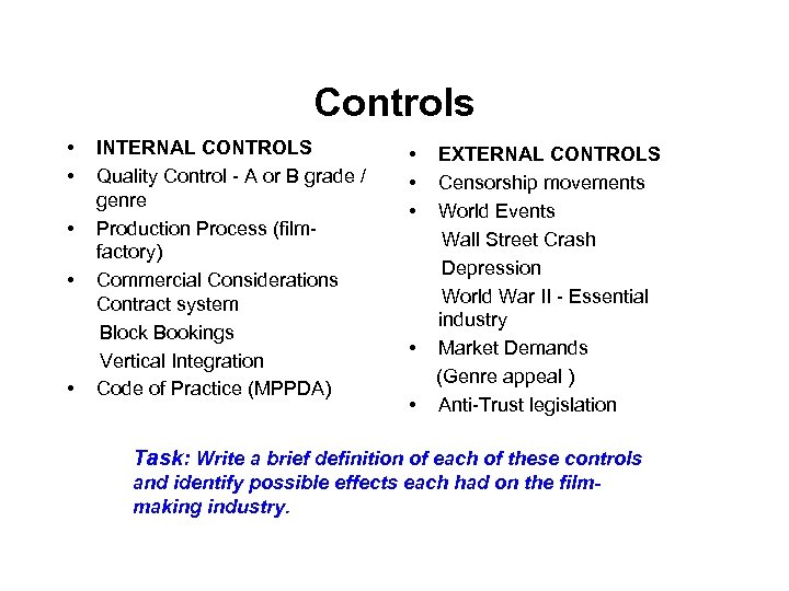 Controls • • • INTERNAL CONTROLS Quality Control - A or B grade /