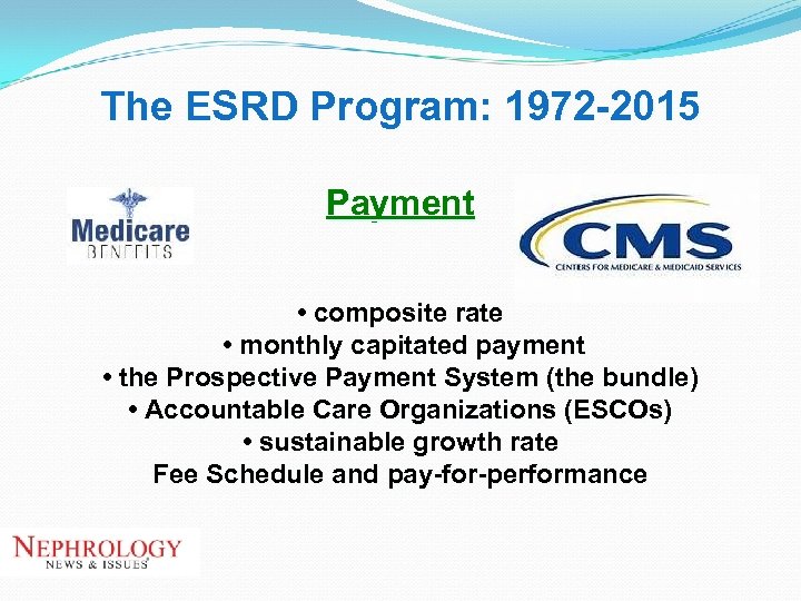 The ESRD Program: 1972 -2015 Payment • composite rate • monthly capitated payment •