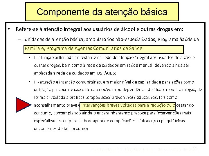 Componente da atenção básica • Refere-se à atenção integral aos usuários de álcool e