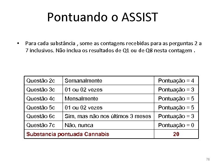 Pontuando o ASSIST • Para cada substância , some as contagens recebidas para as