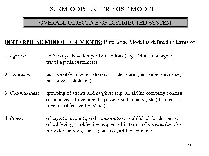 8. RM-ODP: ENTERPRISE MODEL OVERALL OBJECTIVE OF DISTRIBUTED SYSTEM ENTERPRISE MODEL ELEMENTS: Enterprise Model