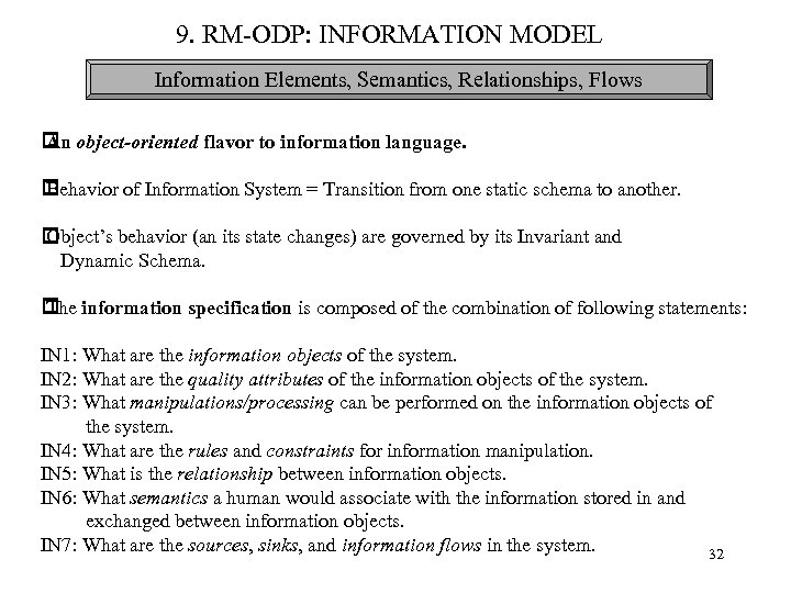 9. RM-ODP: INFORMATION MODEL Information Elements, Semantics, Relationships, Flows object-oriented flavor to information language.