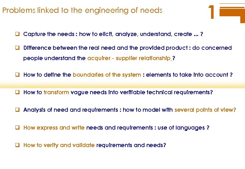 Problems linked to the engineering of needs 1 q Capture the needs : how