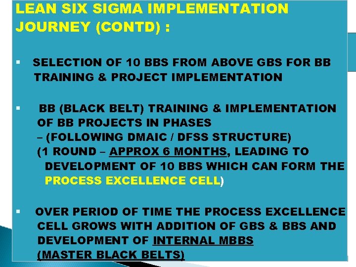 LEAN SIX SIGMA IMPLEMENTATION JOURNEY (CONTD) : SELECTION OF 10 BBS FROM ABOVE GBS