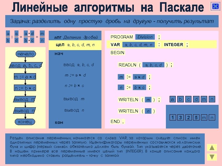 Алгоритмическая конструкция следование Задача: разделить одну простую дробь на другую - получить результат a