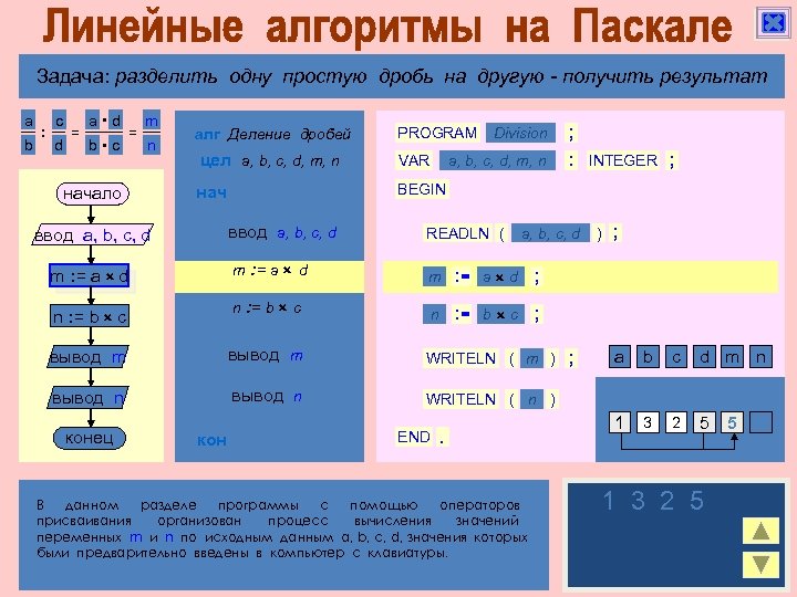 Целая программа. Задачи на линейный алгоритм в Паскале. Паскаль деление дробей. Паскаль задачи на деление. Программа деления дробей на Паскале.