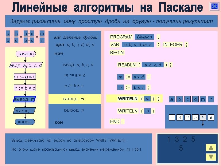Алгоритмическая конструкция следование Задача: разделить одну простую дробь на другую - получить результат a