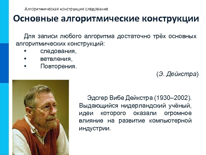 Алгоритмическая конструкция следование Основные алгоритмические конструкции Для записи любого алгоритма достаточно трёх основных алгоритмических