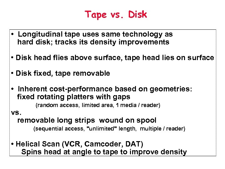 Tape vs. Disk • Longitudinal tape uses same technology as hard disk; tracks its