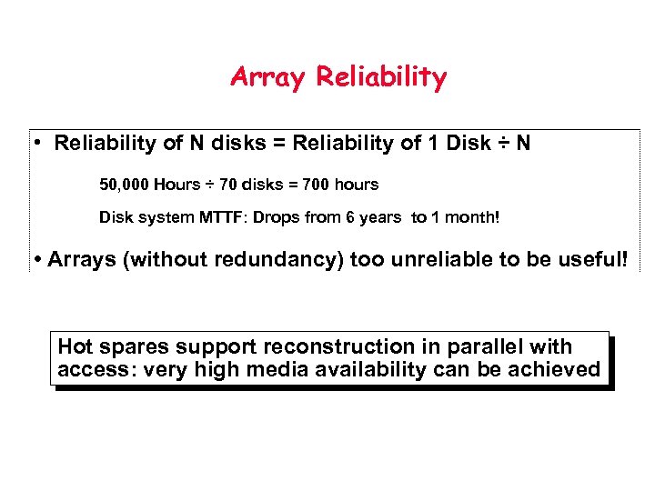 Array Reliability • Reliability of N disks = Reliability of 1 Disk ÷ N