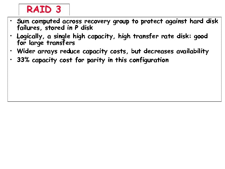 RAID 3 • Sum computed across recovery group to protect against hard disk failures,