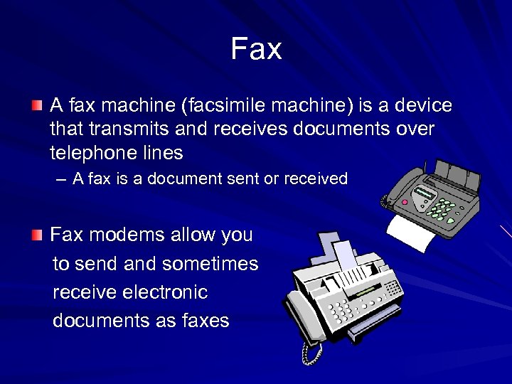 Fax A fax machine (facsimile machine) is a device that transmits and receives documents