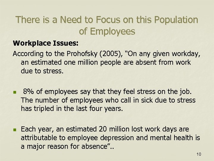 There is a Need to Focus on this Population of Employees Workplace Issues: According