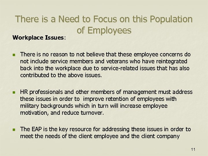 There is a Need to Focus on this Population of Employees Workplace Issues: n