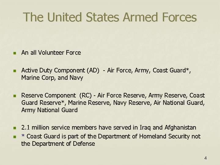 The United States Armed Forces n n n An all Volunteer Force Active Duty