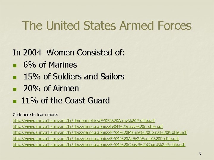 The United States Armed Forces In 2004 Women Consisted of: n 6% of Marines