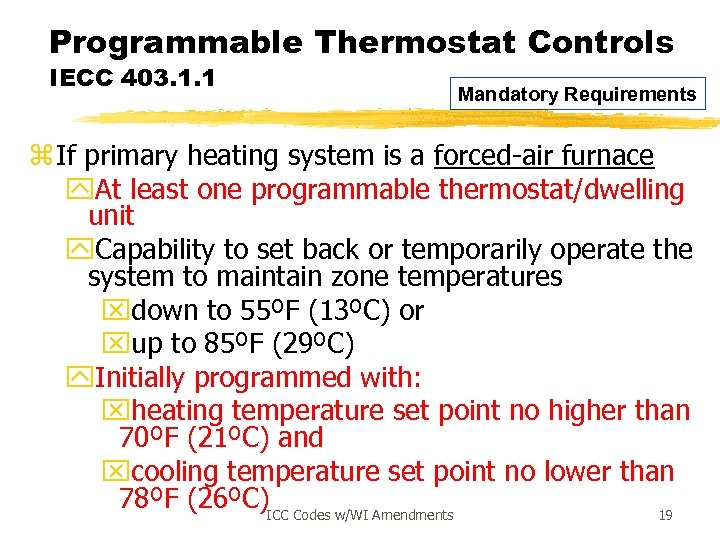 Programmable Thermostat Controls IECC 403. 1. 1 Mandatory Requirements z If primary heating system