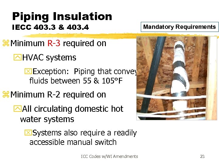 Piping Insulation IECC 403. 3 & 403. 4 Mandatory Requirements z Minimum R-3 required