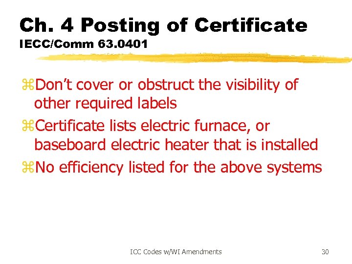 Ch. 4 Posting of Certificate IECC/Comm 63. 0401 z. Don’t cover or obstruct the