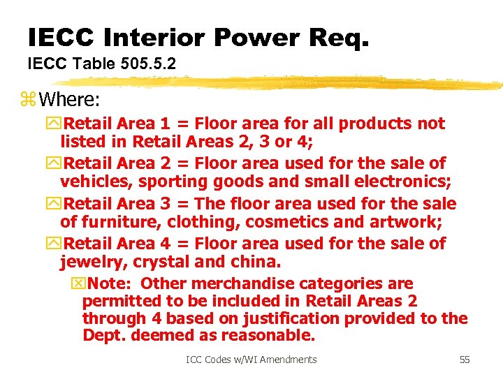 IECC Interior Power Req. IECC Table 505. 5. 2 z Where: y. Retail Area