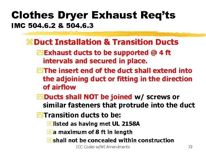 Clothes Dryer Exhaust Req’ts IMC 504. 6. 2 & 504. 6. 3 z Duct