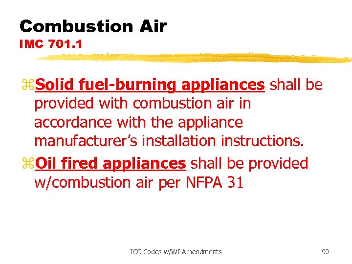 Combustion Air IMC 701. 1 z. Solid fuel-burning appliances shall be provided with combustion