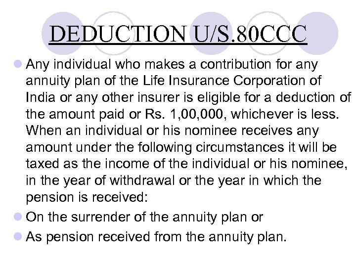 DEDUCTION U/S. 80 CCC l Any individual who makes a contribution for any annuity
