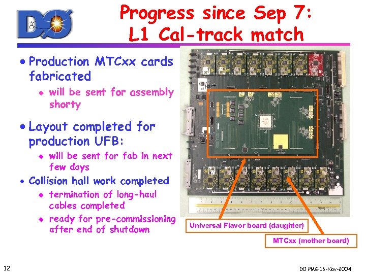 Progress since Sep 7: L 1 Cal-track match · Production MTCxx cards fabricated u