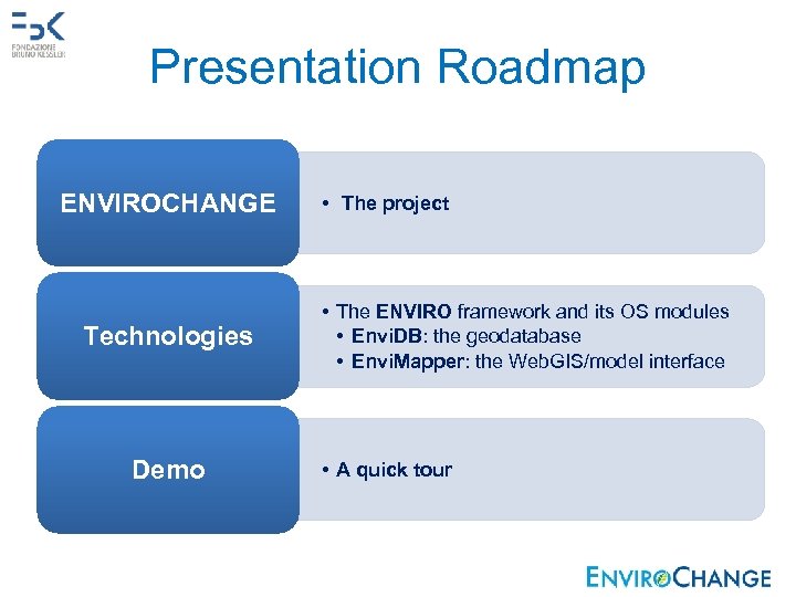 Presentation Roadmap ENVIROCHANGE Technologies Demo • The project • The ENVIRO framework and its