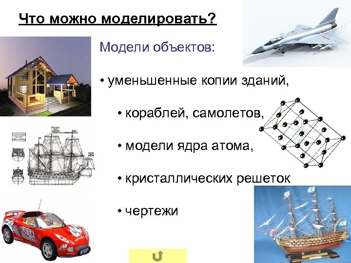 Что можно моделировать? Модели объектов: • уменьшенные копии зданий, • кораблей, самолетов, … •