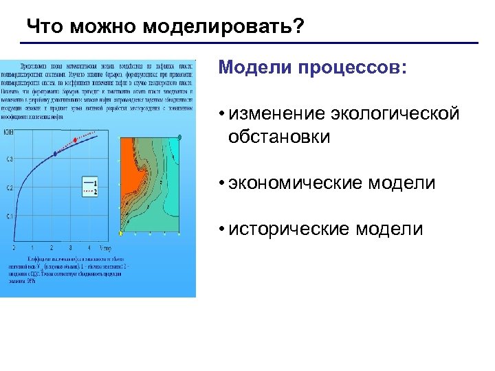 Что можно моделировать? Модели процессов: • изменение экологической обстановки • экономические модели • исторические