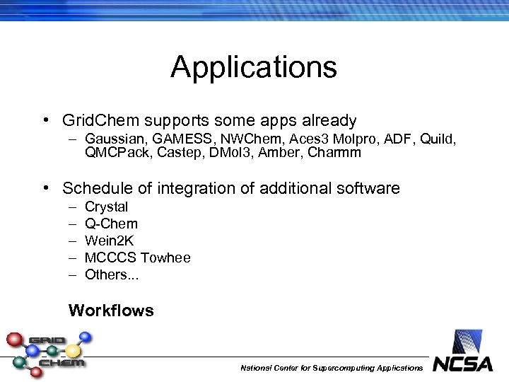 Applications • Grid. Chem supports some apps already – Gaussian, GAMESS, NWChem, Aces 3