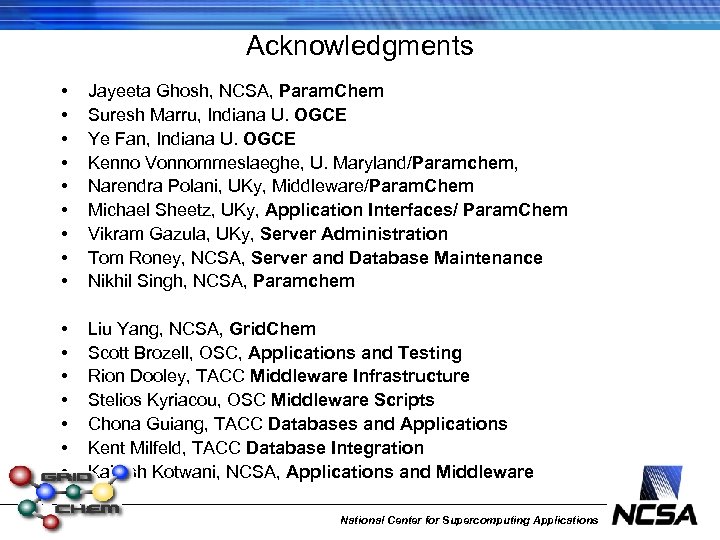 Acknowledgments • • • Jayeeta Ghosh, NCSA, Param. Chem Suresh Marru, Indiana U. OGCE