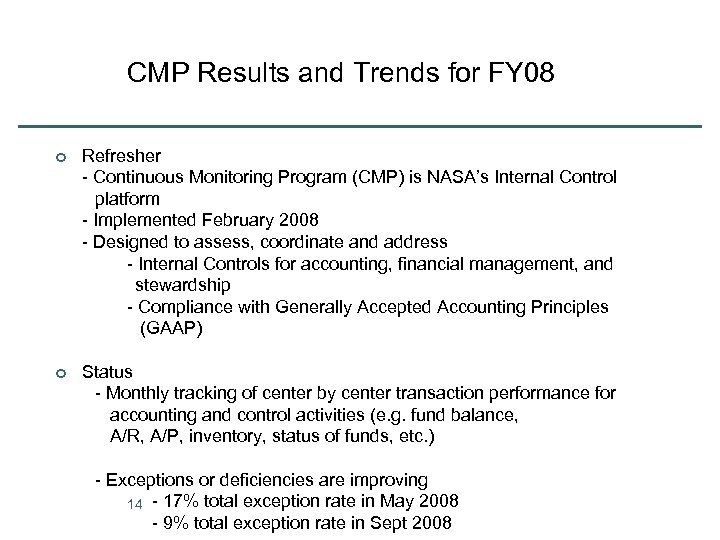 CMP Results and Trends for FY 08 ¢ Refresher - Continuous Monitoring Program (CMP)