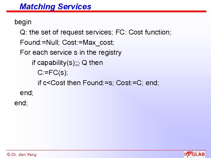 Matching Services begin Q: the set of request services; FC: Cost function; Found: =Null;