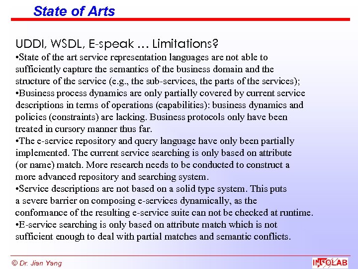 State of Arts UDDI, WSDL, E-speak … Limitations? • State of the art service