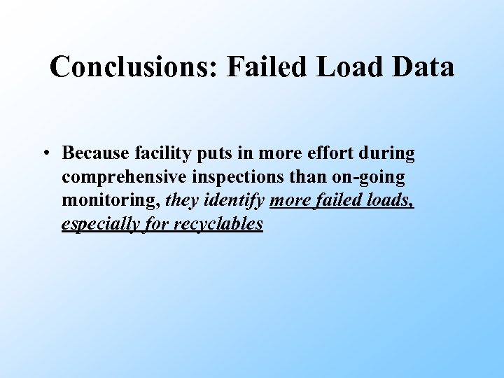 Conclusions: Failed Load Data • Because facility puts in more effort during comprehensive inspections