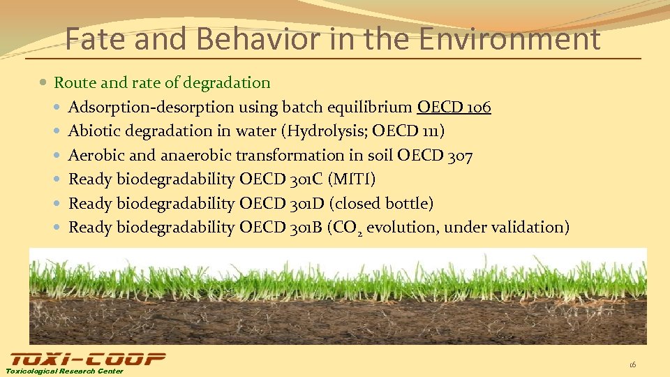 Fate and Behavior in the Environment Route and rate of degradation Adsorption-desorption using batch
