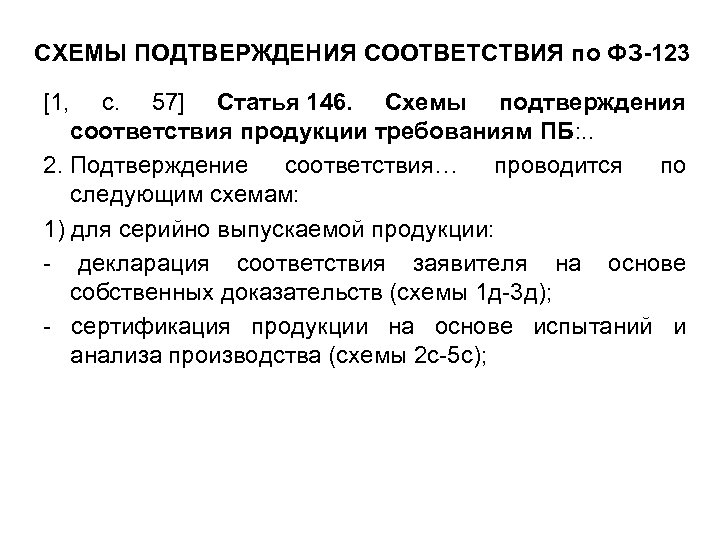 СХЕМЫ ПОДТВЕРЖДЕНИЯ СООТВЕТСТВИЯ по ФЗ-123 [1, с. 57] Статья 146. Схемы подтверждения соответствия продукции