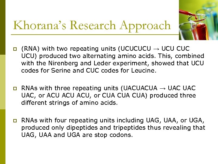 Khorana’s Research Approach p (RNA) with two repeating units (UCUCUCU → UCU CUC UCU)