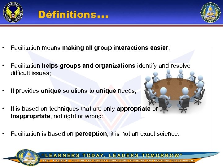 Définitions… • Facilitation means making all group interactions easier; • Facilitation helps groups and