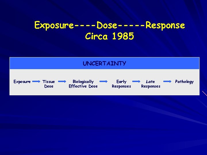 Exposure----Dose-----Response Circa 1985 UNCERTAINTY Exposure Tissue Dose Biologically Effective Dose Early Responses Late Responses