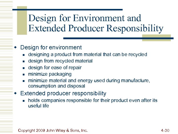 Design for Environment and Extended Producer Responsibility w Design for environment n n n