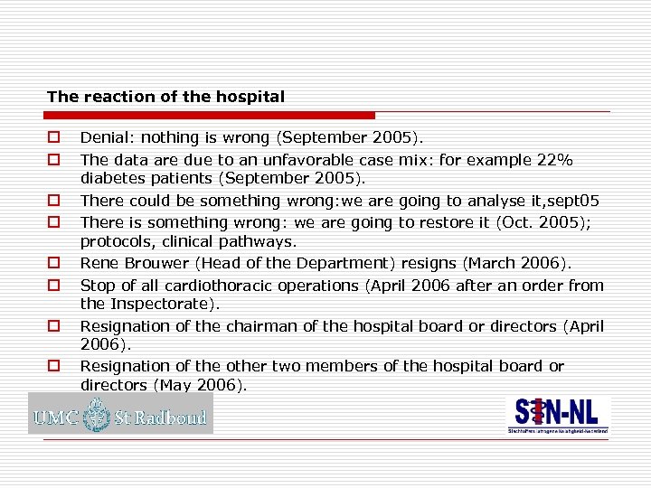 The reaction of the hospital o o o o Denial: nothing is wrong (September