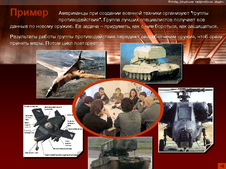Метод решения творческих задач Пример Американцы при создании военной техники организуют "группы противодействия". Группа