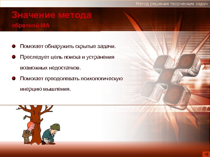 Метод решения творческих задач Значение метода обратной МА Помогает обнаружить скрытые задачи. Преследует цель