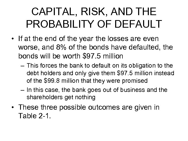 CAPITAL, RISK, AND THE PROBABILITY OF DEFAULT • If at the end of the