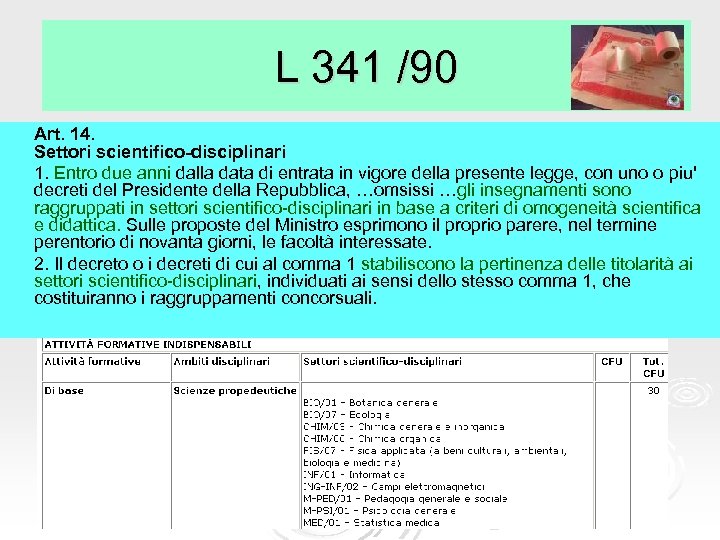L 341 /90 Art. 14. Settori scientifico-disciplinari 1. Entro due anni dalla data di