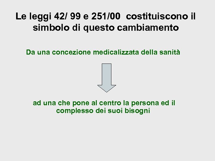 Le leggi 42/ 99 e 251/00 costituiscono il simbolo di questo cambiamento Da una